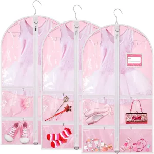 3 Pack Pink Dance Costume Garment Bag for dancers with 4 Zipper Pockets 38 x 22 Inch Kids Wardrobe Storage Bag Clear Window Garment Covers Recital Competition Bags for Girls Boys
