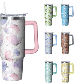 30 oz Butterfly Tumbler with Handle and Straw, Insulated Stainless Steel Cup with Lid, Travel Coffee Mug Water Bottle, Gifts for Woman Animal Lovers