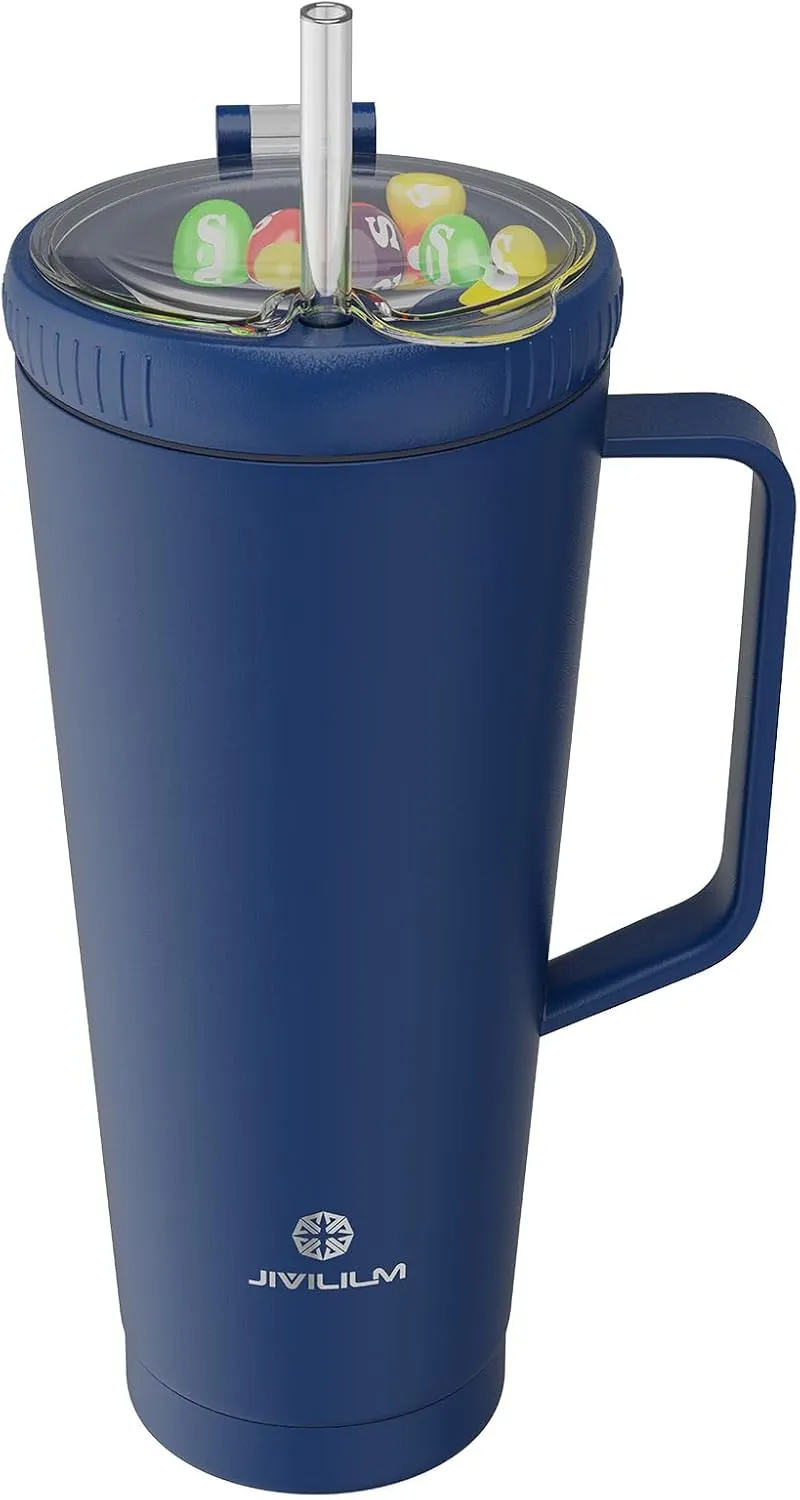 32 OZ 2 in 1 Stainless Steel Insulated Snack Tumbler With Handle, 2 Lids, Straw for Water, Coffee, Snack (Navy Blue, 32 OZ)