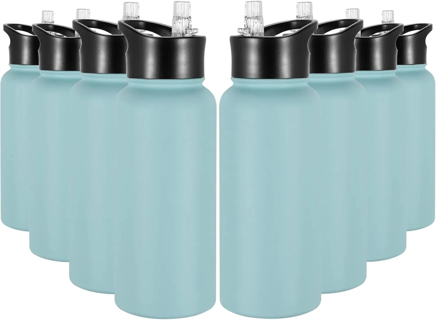32 oz Insulated Water Bottle Bulk 8 Pack, Stainless Steel Sports Water Bottles with Straw Lid & Wide Mouth Lids, Double Walled Vacuum, Leak Proof, Turquoise Blue