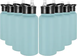 32 oz Insulated Water Bottle Bulk 8 Pack, Stainless Steel Sports Water Bottles with Straw Lid & Wide Mouth Lids, Double Walled Vacuum, Leak Proof, Turquoise Blue