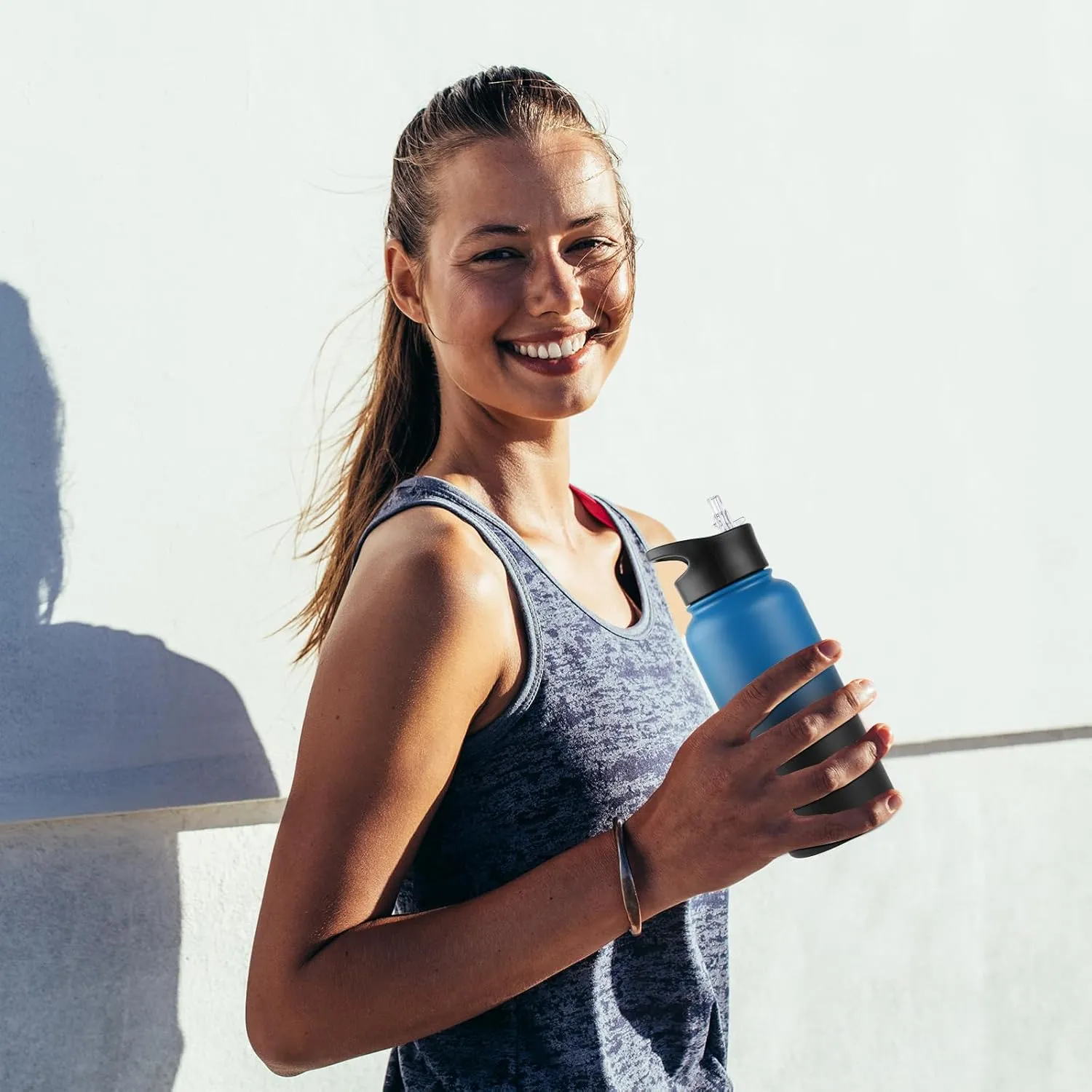 32 Oz Insulated Water Bottle with Straw Lid & Wide Mouth Lids, Stainless Steel Sports Water Bottles, Double Walled Vacuum, Leak Proof, Blue Black Gradient