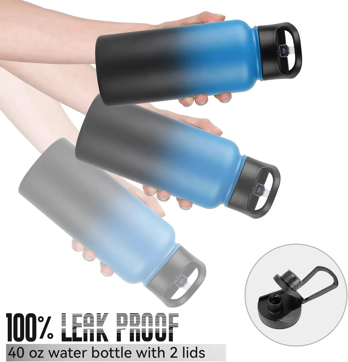 32 Oz Insulated Water Bottle with Straw Lid & Wide Mouth Lids, Stainless Steel Sports Water Bottles, Double Walled Vacuum, Leak Proof, Blue Black Gradient