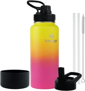 32 oz Powder Coated Double Wall Vacuum Insulated Sports Water Bottle, 18/8 Stainless Steel Wide Mouth Thermal Flask with Straw Lid & Spout Lid, Leak Proof, Sweat Free (Yellow Pink 32 oz)