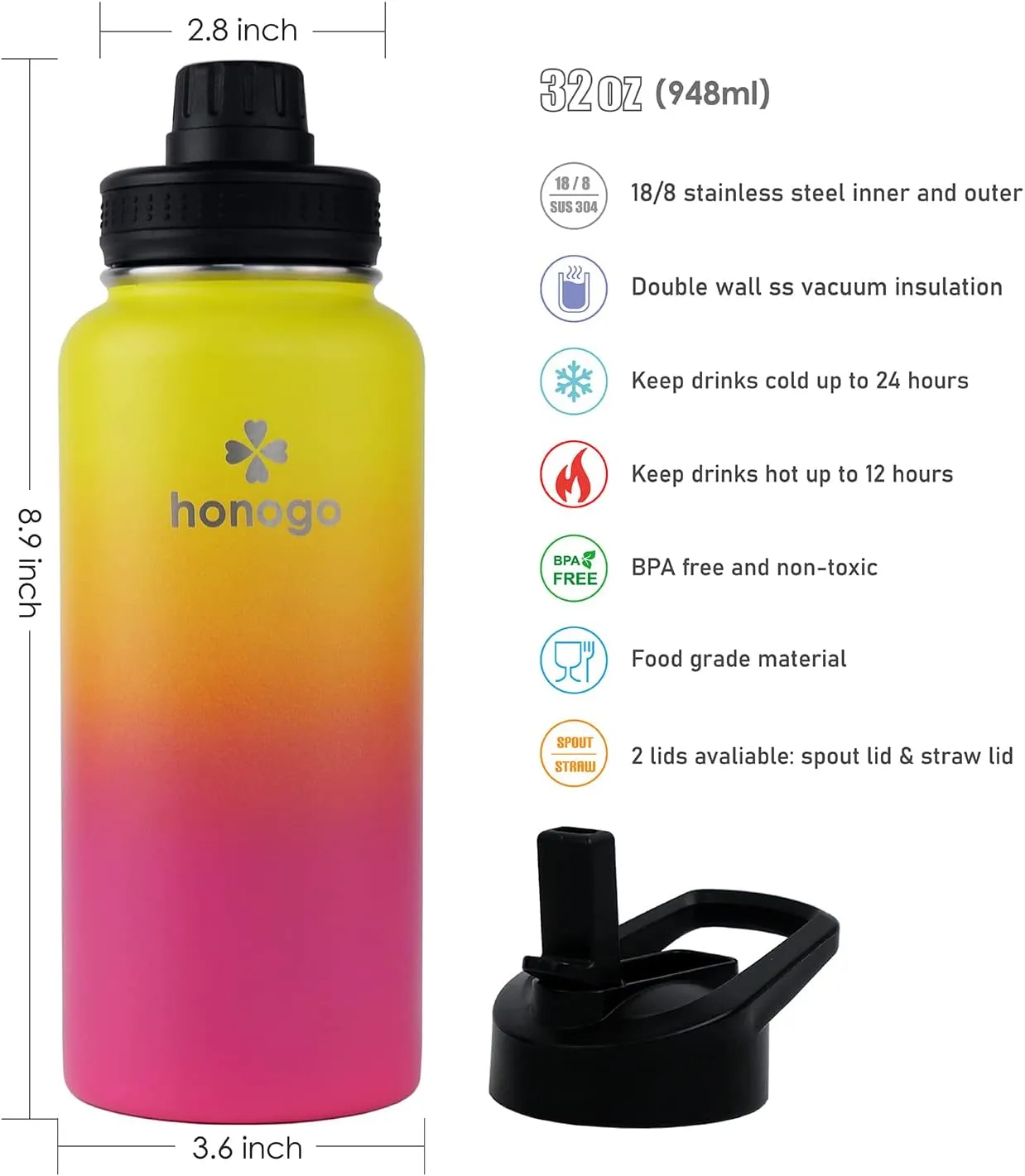 32 oz Powder Coated Double Wall Vacuum Insulated Sports Water Bottle, 18/8 Stainless Steel Wide Mouth Thermal Flask with Straw Lid & Spout Lid, Leak Proof, Sweat Free (Yellow Pink 32 oz)