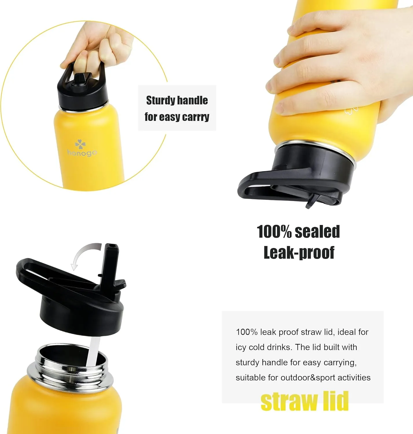 32 oz Powder Coated Double Wall Vacuum Insulated Sports Water Bottle, 18/8 Stainless Steel Wide Mouth Thermal Flask with Straw Lid & Spout Lid, Leak Proof, Sweat Free (Yellow Pink 32 oz)