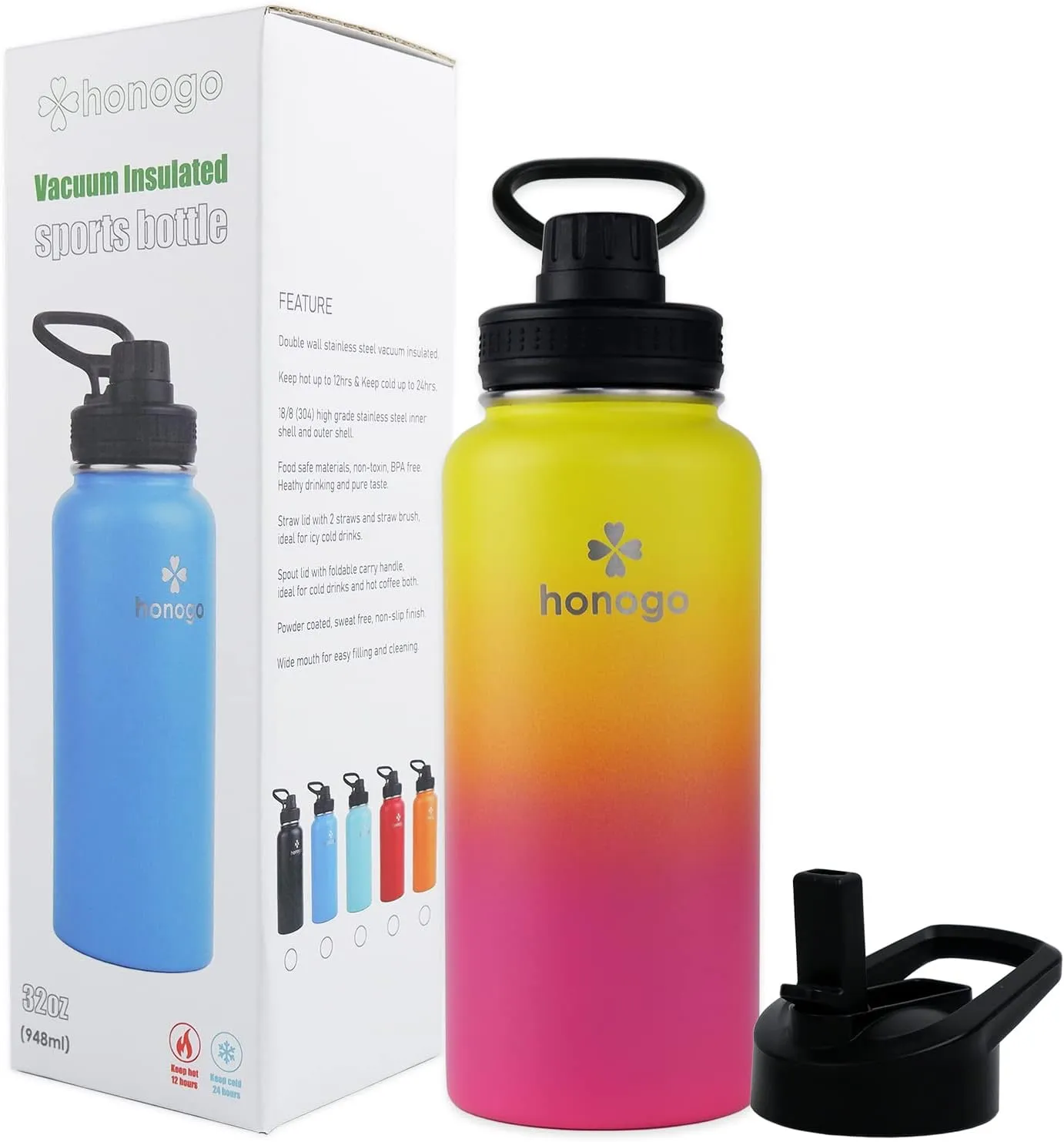 32 oz Powder Coated Double Wall Vacuum Insulated Sports Water Bottle, 18/8 Stainless Steel Wide Mouth Thermal Flask with Straw Lid & Spout Lid, Leak Proof, Sweat Free (Yellow Pink 32 oz)