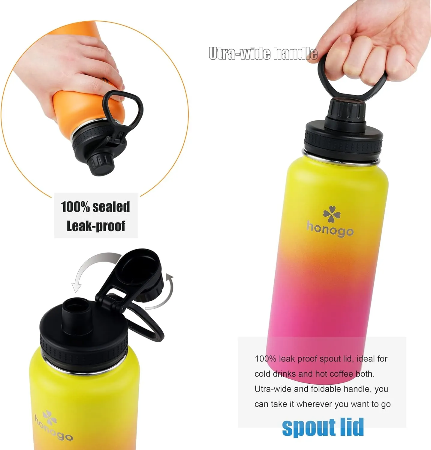 32 oz Powder Coated Double Wall Vacuum Insulated Sports Water Bottle, 18/8 Stainless Steel Wide Mouth Thermal Flask with Straw Lid & Spout Lid, Leak Proof, Sweat Free (Yellow Pink 32 oz)