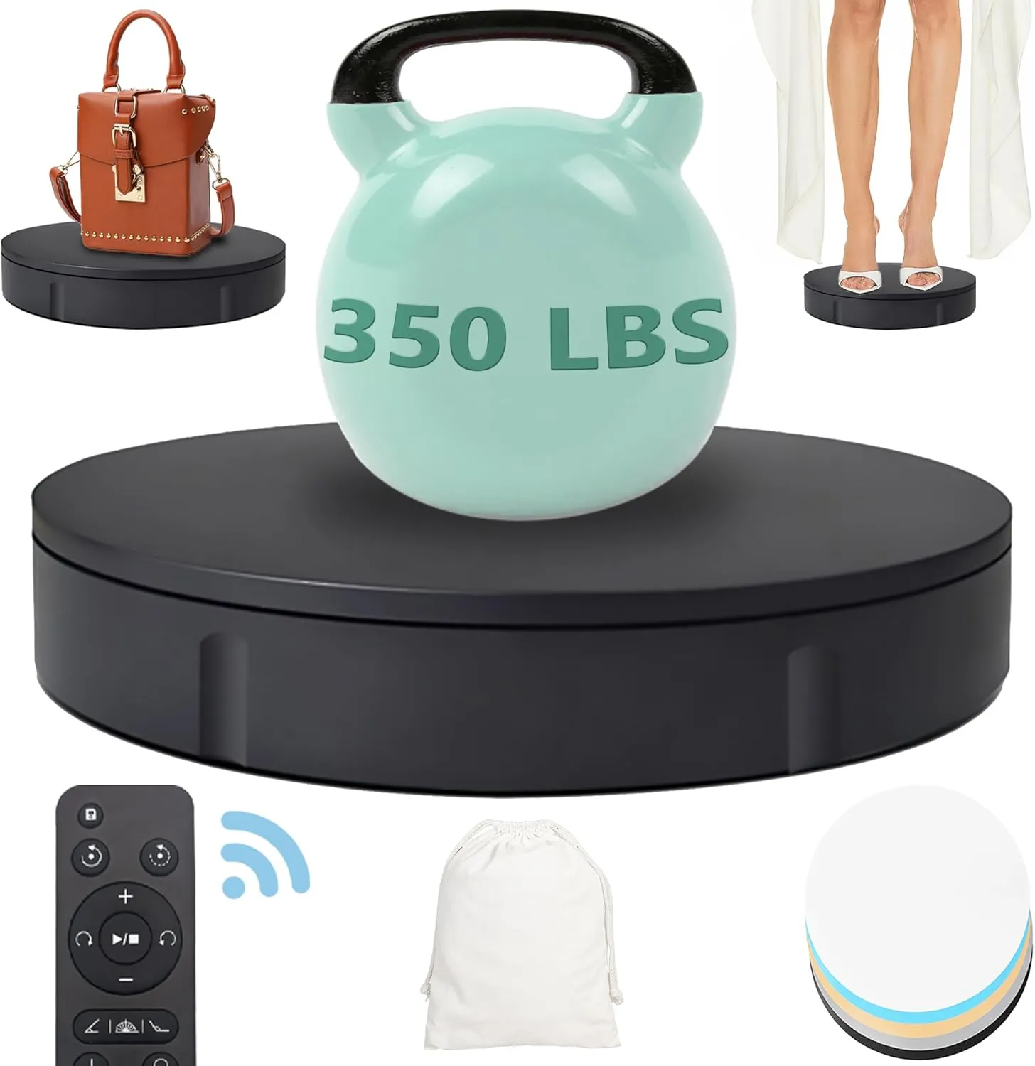 360 Degree Rotating Turntable 12 Inch, 350lbs Capacity for Photography, Heavy Duty, Automatic Remote Control Display Platform with 5 Colour Surface Covers and Carry Bag