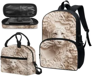 3D White Tiger Paper Sculpture Middle School Bookbag 3 Piece Set Schoolbag/Crossbody Lunch Bag/Pencil Bag Students School Bag Packs Satchel for Schoolbag Kids
