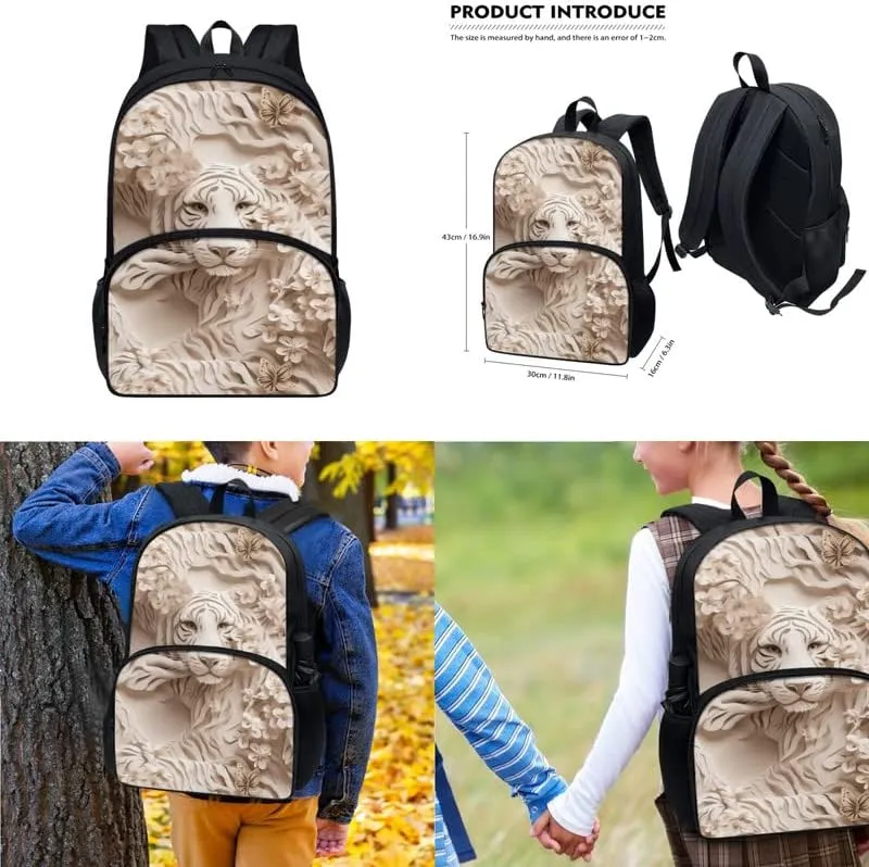 3D White Tiger Paper Sculpture Middle School Bookbag 3 Piece Set Schoolbag/Crossbody Lunch Bag/Pencil Bag Students School Bag Packs Satchel for Schoolbag Kids