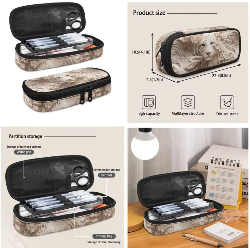 3D White Tiger Paper Sculpture Middle School Bookbag 3 Piece Set Schoolbag/Crossbody Lunch Bag/Pencil Bag Students School Bag Packs Satchel for Schoolbag Kids