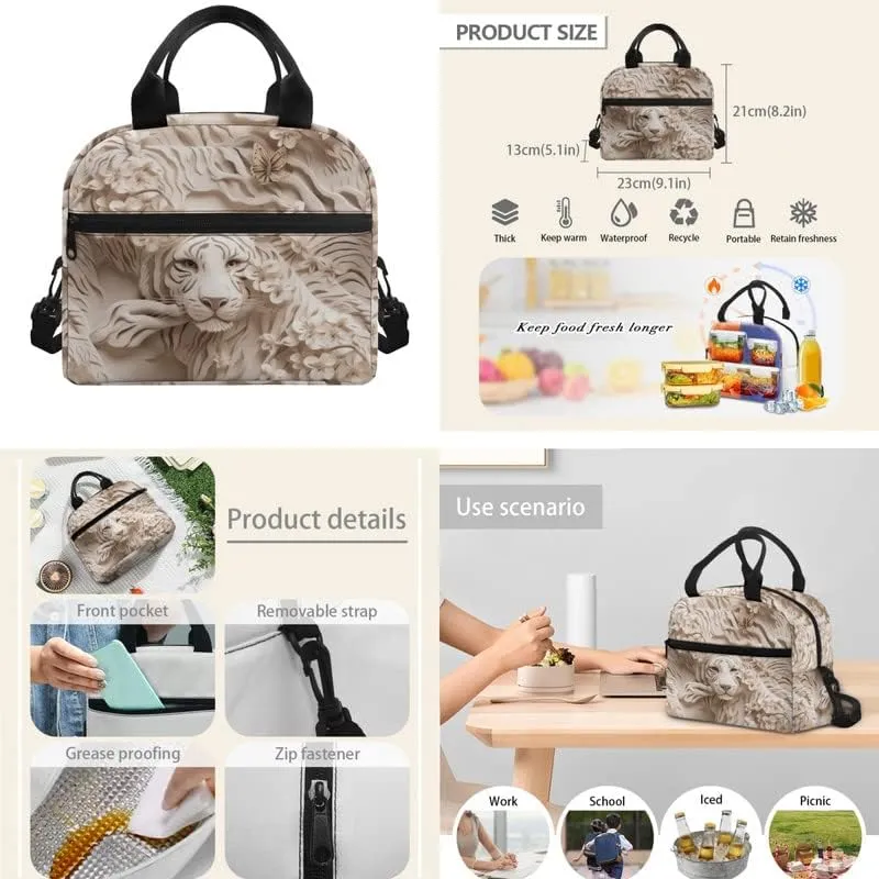 3D White Tiger Paper Sculpture Middle School Bookbag 3 Piece Set Schoolbag/Crossbody Lunch Bag/Pencil Bag Students School Bag Packs Satchel for Schoolbag Kids
