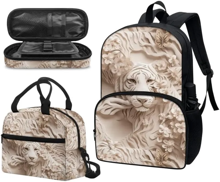 3D White Tiger Paper Sculpture Middle School Bookbag 3 Piece Set Schoolbag/Crossbody Lunch Bag/Pencil Bag Students School Bag Packs Satchel for Schoolbag Kids
