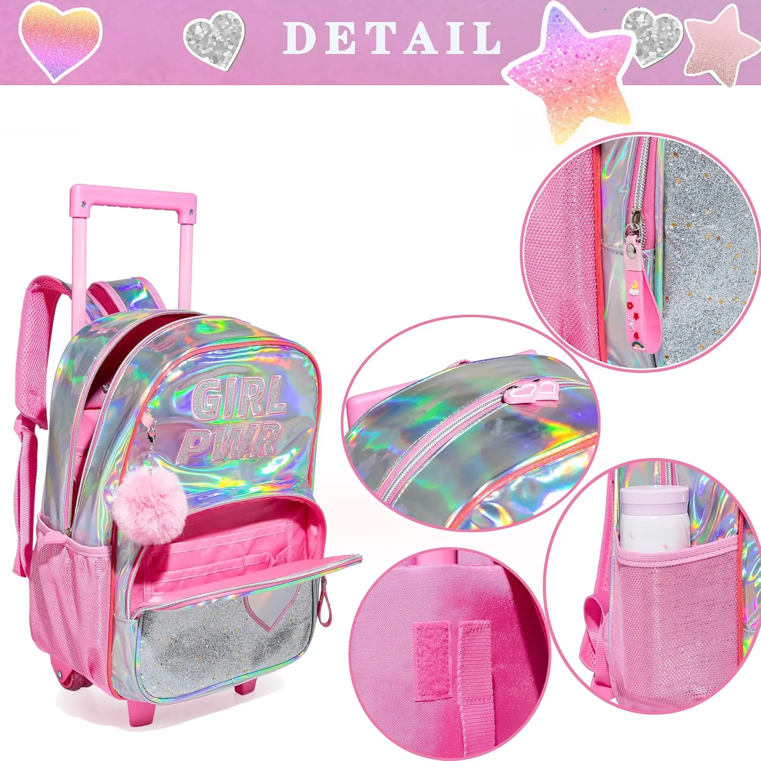 3PCS Pink Rolling Backpack for Girls, Sequin Backpack Wheels for Girls, Girls Rolling Bookbag, Suitcase Wheeled School Bag Set for Kindergarten Elementary School
