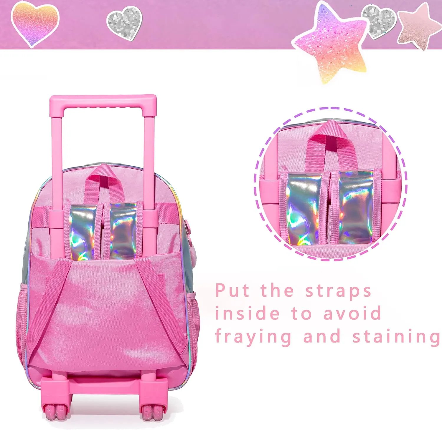 3PCS Pink Rolling Backpack for Girls, Sequin Backpack Wheels for Girls, Girls Rolling Bookbag, Suitcase Wheeled School Bag Set for Kindergarten Elementary School