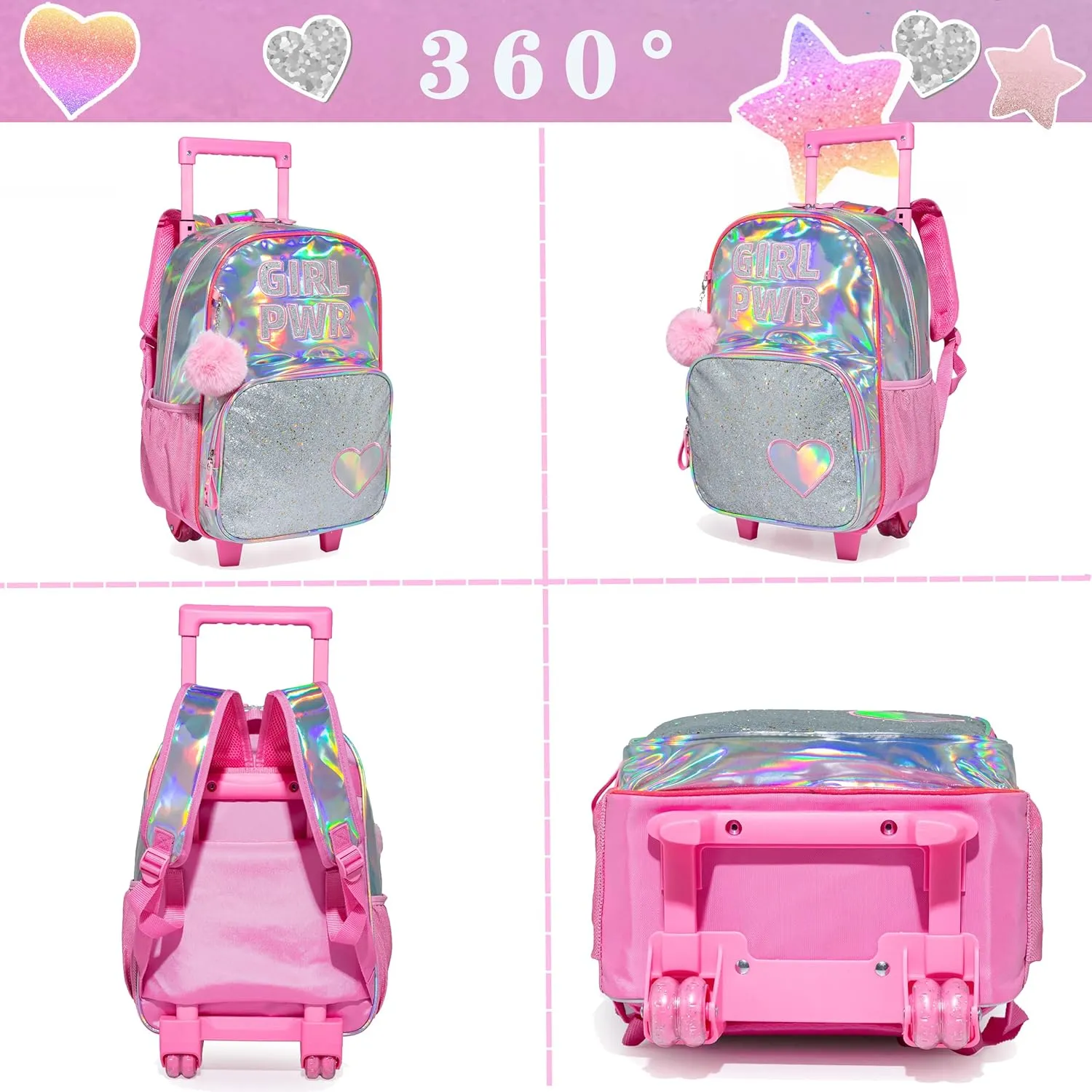 3PCS Pink Rolling Backpack for Girls, Sequin Backpack Wheels for Girls, Girls Rolling Bookbag, Suitcase Wheeled School Bag Set for Kindergarten Elementary School