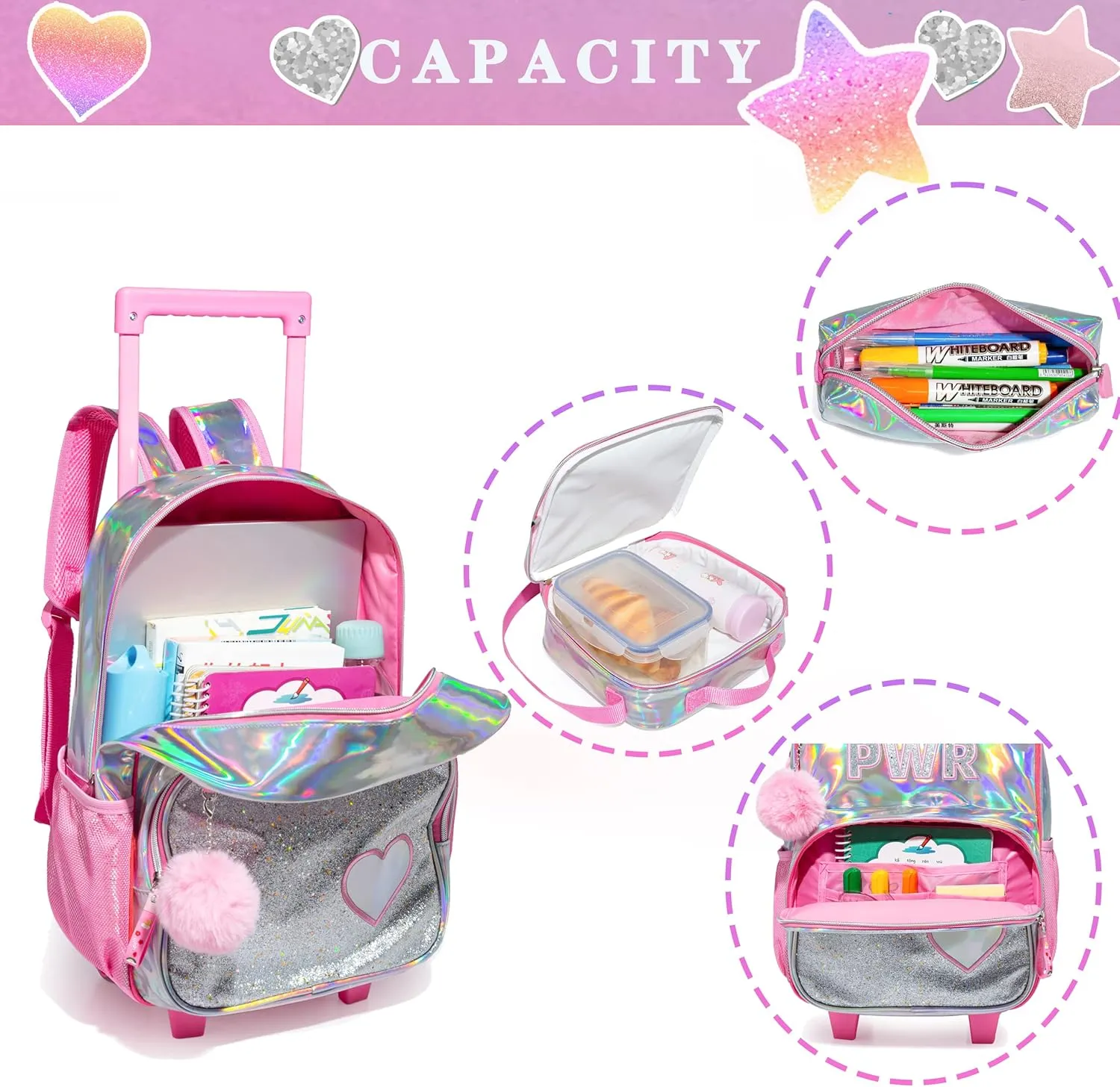3PCS Pink Rolling Backpack for Girls, Sequin Backpack Wheels for Girls, Girls Rolling Bookbag, Suitcase Wheeled School Bag Set for Kindergarten Elementary School