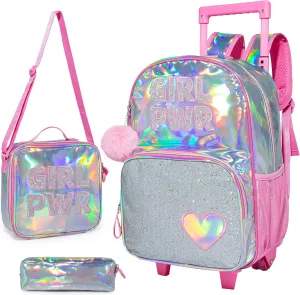 3PCS Pink Rolling Backpack for Girls, Sequin Backpack Wheels for Girls, Girls Rolling Bookbag, Suitcase Wheeled School Bag Set for Kindergarten Elementary School