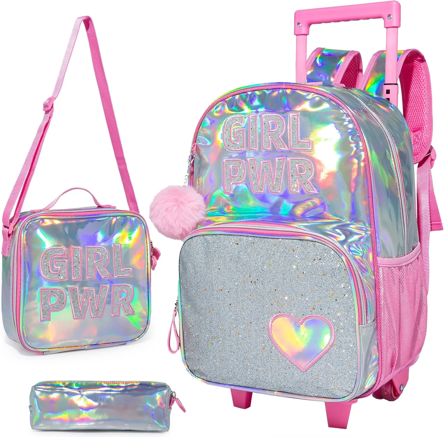3PCS Pink Rolling Backpack for Girls, Sequin Backpack Wheels for Girls, Girls Rolling Bookbag, Suitcase Wheeled School Bag Set for Kindergarten Elementary School