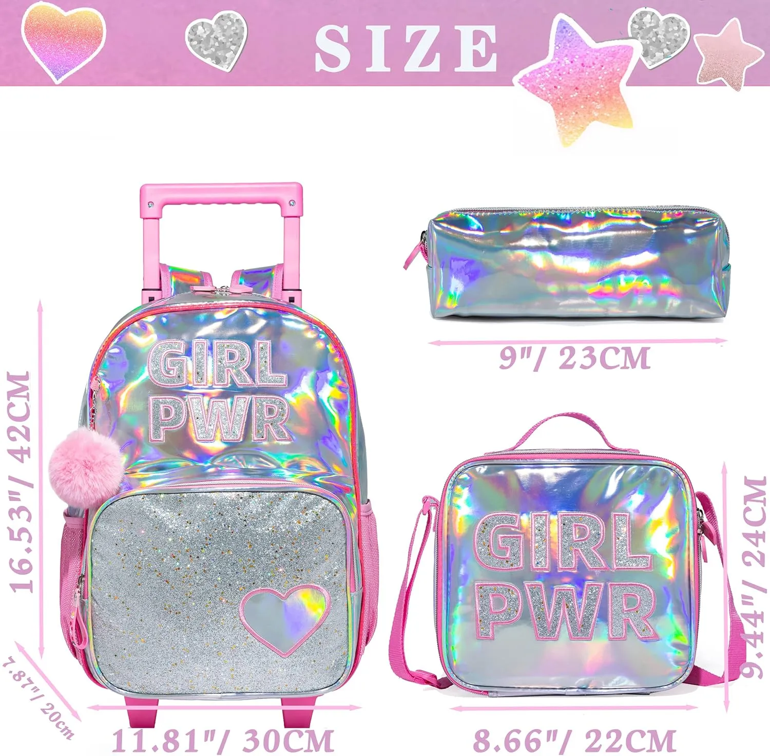 3PCS Pink Rolling Backpack for Girls, Sequin Backpack Wheels for Girls, Girls Rolling Bookbag, Suitcase Wheeled School Bag Set for Kindergarten Elementary School