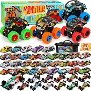 4 Pcs Monster Truck and 67 Pcs Mini Pull Back Cars with Storage Box, Race Cars Party Favors for Toddler Toys Pinata Goodie Bag Stuffers Christmas Treasure Box Classroom Prizes