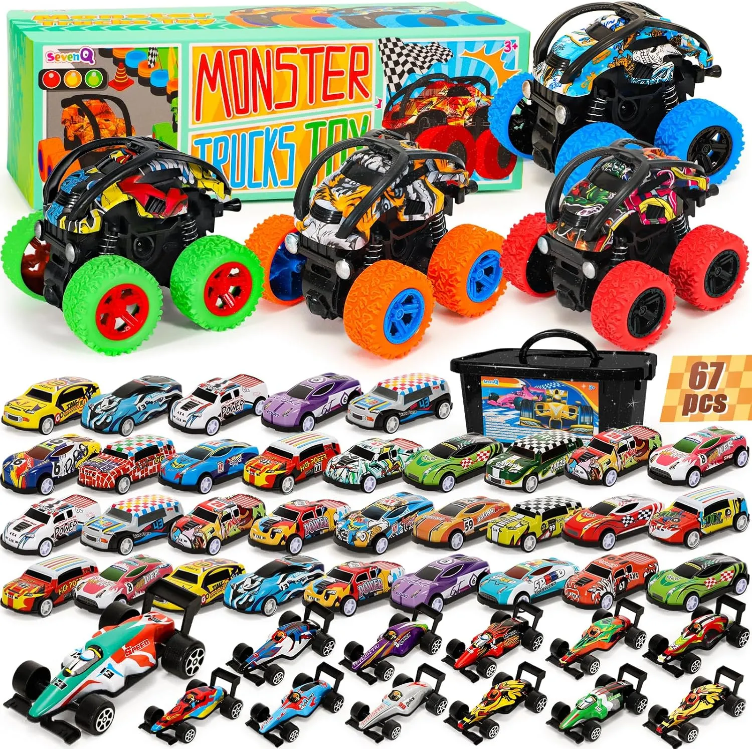 4 Pcs Monster Truck and 67 Pcs Mini Pull Back Cars with Storage Box, Race Cars Party Favors for Toddler Toys Pinata Goodie Bag Stuffers Christmas Treasure Box Classroom Prizes