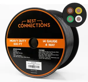 4 Way Trailer Wire (100 Feet) – Heavy Duty 14 Gauge 4 Conductor Insulated Cable – Durable, Weatherproof, Color-Coded 4 Way Trailer Wiring Extension for RV Trailer and Automotive