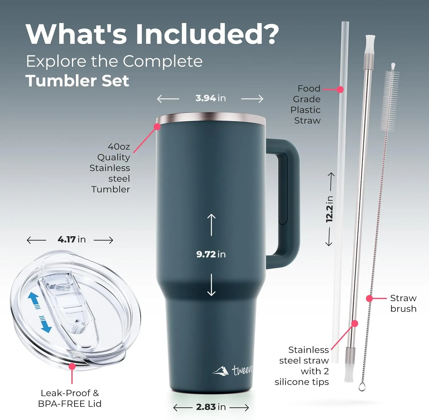 40 oz Tumbler With Handle and Straw Made of Stainless Steel - Double Wall Vacuum Insulated Tumbler With Lid - Sweat Proof Easy Grip, BPA-Free, Dishwasher Safe Tumbler (Charcoal)