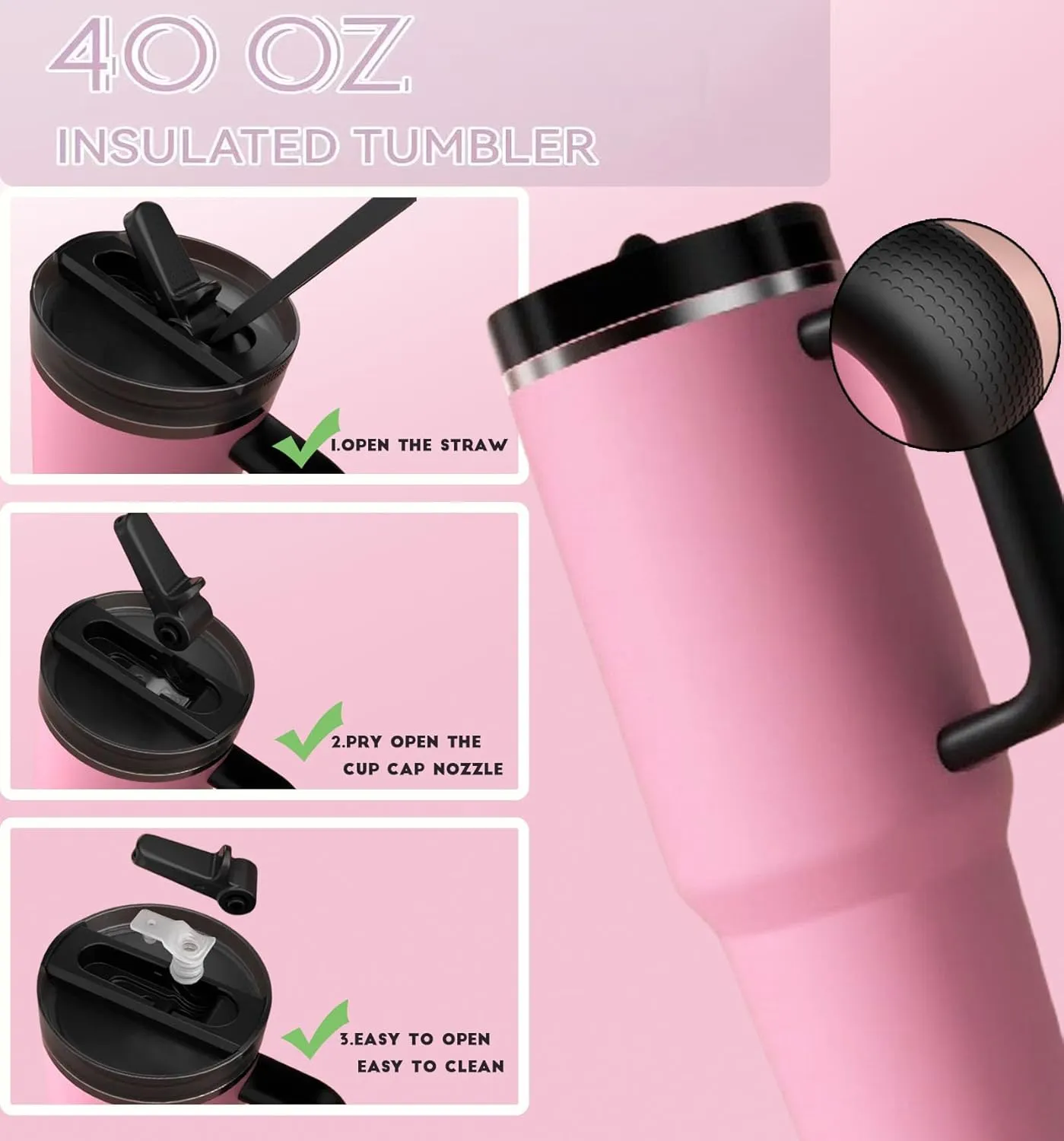40 oz Tumbler with Handle Quenchers ProTour Detachable Flip Straw Lid Tumbler,Vacuum Insulated Tumblers with Top Leak Proof Lids and Flip Straw,Reusable Insulated Cup (Massey Powder, 40 oz)