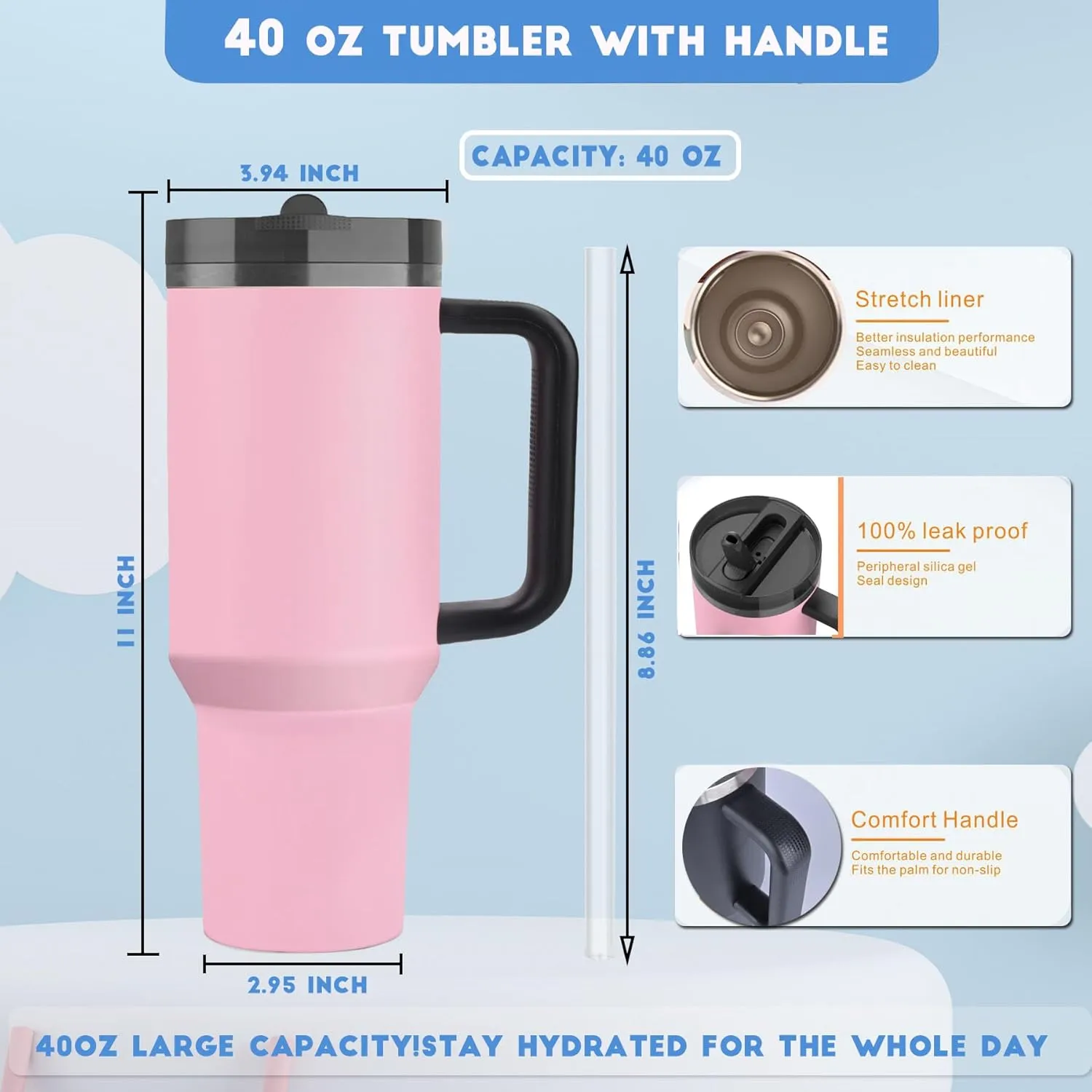 40 oz Tumbler with Handle Quenchers ProTour Detachable Flip Straw Lid Tumbler,Vacuum Insulated Tumblers with Top Leak Proof Lids and Flip Straw,Reusable Insulated Cup (Massey Powder, 40 oz)