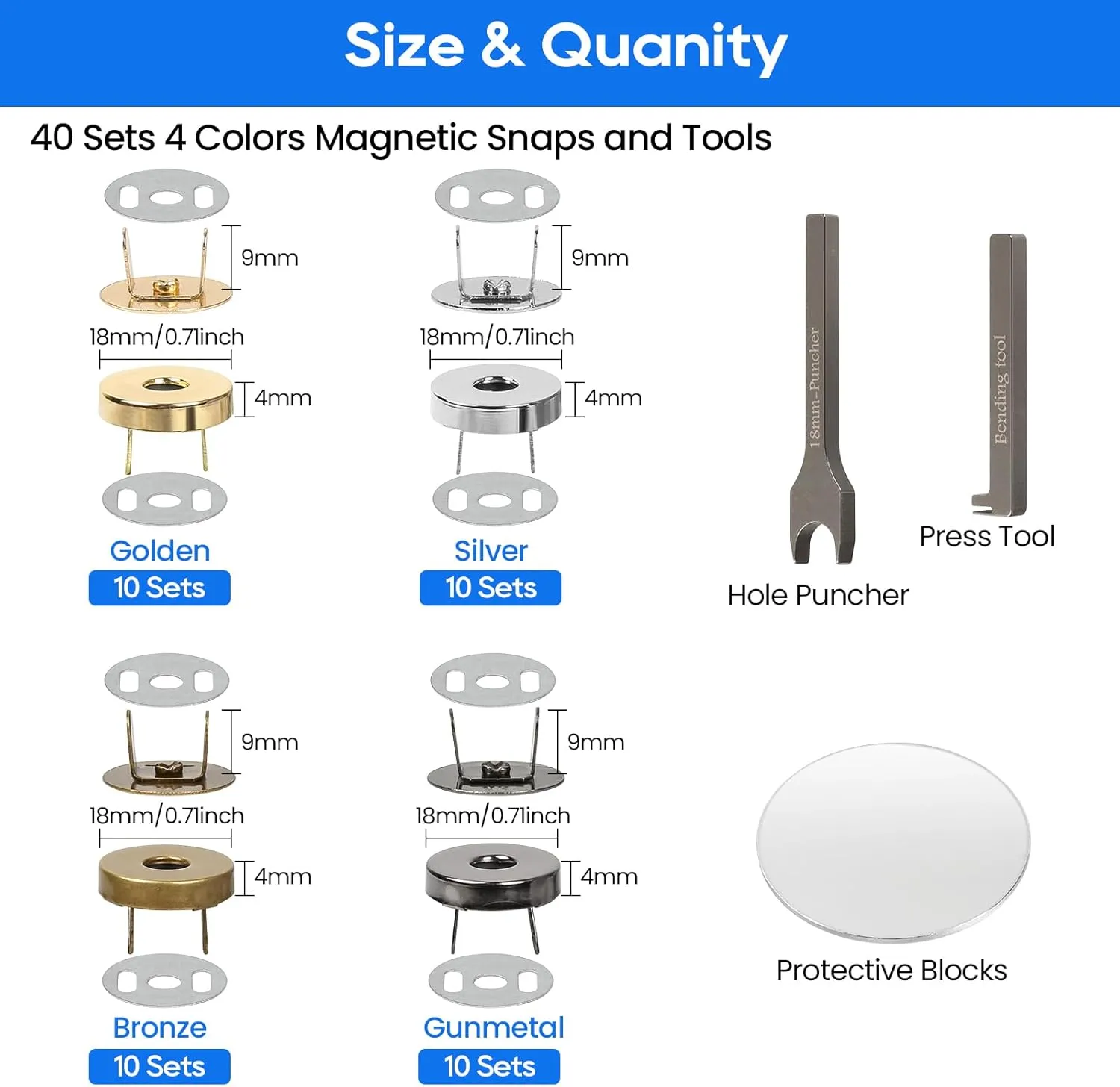 40 Sets 4 Colors Magnetic Snaps Closures with Installation Tools, Magnetic Purses Closure Clasps Include 3 Setting Tools for Sewing, Purses, Bags, Clothes, Crafting, Leather Projects(18MM)