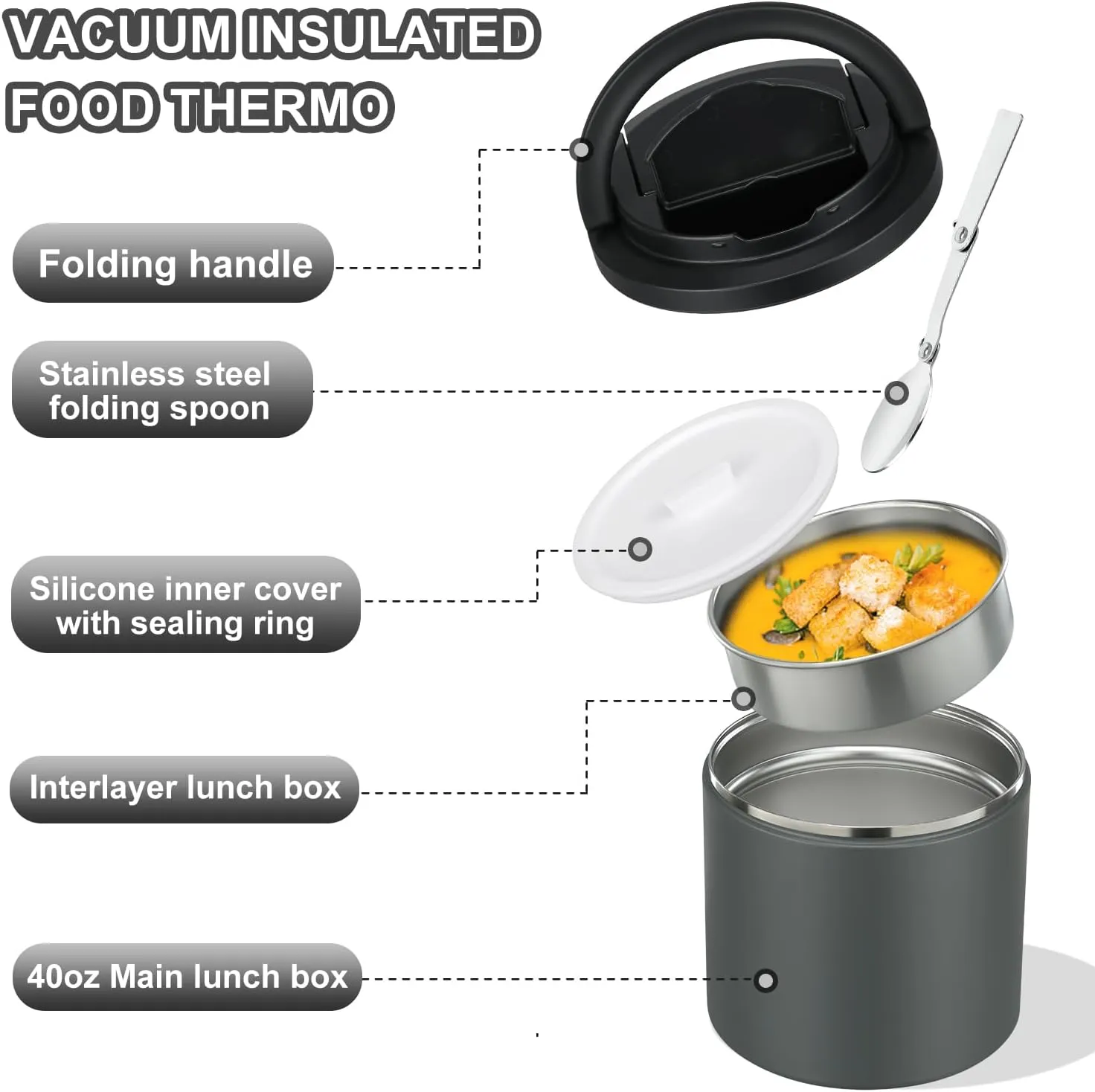 40oz Insulated Food Jar-Say Goodbye to Spills&Cold Meals|Ultimate Airtight Leak-Proof Lid Thermo for Hot Food, Wide Mouth Soup Thermos Lunch Box Container Adults|Stainless Steel with Folding Spoon