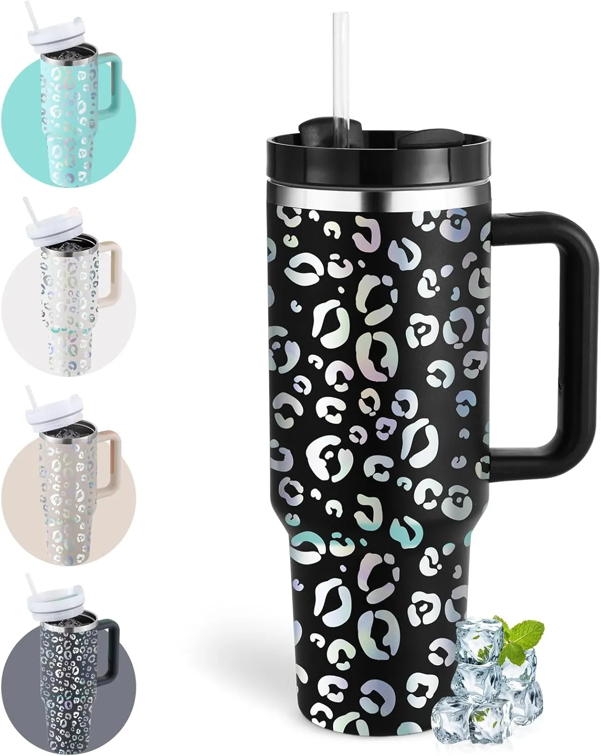40oz Leopard Tumbler with Handle Straw Lid, Stainless Steel Vacuum Insulated Reusable Travel Mug Keep Drinks Cold Ice Gym Cup, Gifts for Women Lovers, Car Holder Friendly, Black