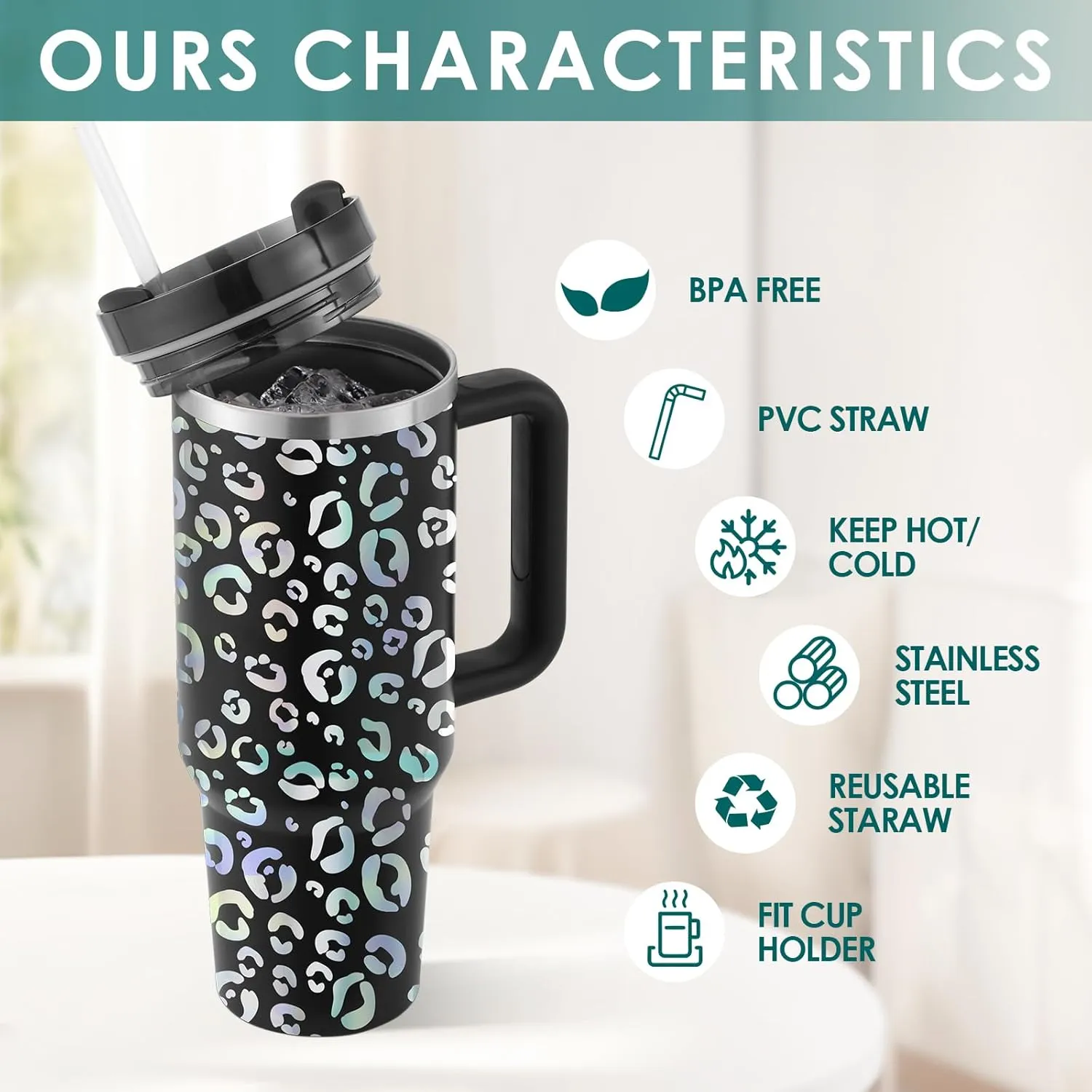 40oz Leopard Tumbler with Handle Straw Lid, Stainless Steel Vacuum Insulated Reusable Travel Mug Keep Drinks Cold Ice Gym Cup, Gifts for Women Lovers, Car Holder Friendly, Black