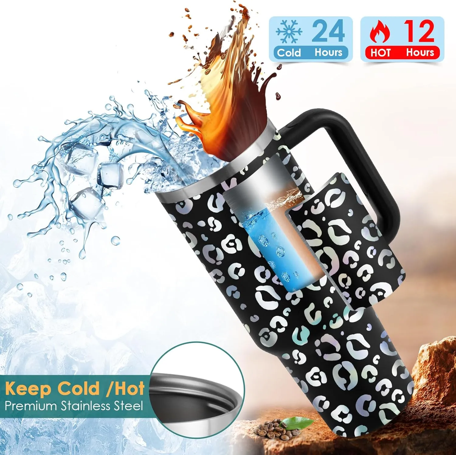 40oz Leopard Tumbler with Handle Straw Lid, Stainless Steel Vacuum Insulated Reusable Travel Mug Keep Drinks Cold Ice Gym Cup, Gifts for Women Lovers, Car Holder Friendly, Black