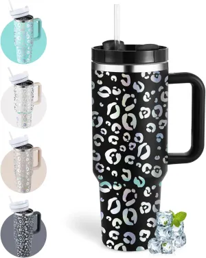 40oz Leopard Tumbler with Handle Straw Lid, Stainless Steel Vacuum Insulated Reusable Travel Mug Keep Drinks Cold Ice Gym Cup, Gifts for Women Lovers, Car Holder Friendly, Black