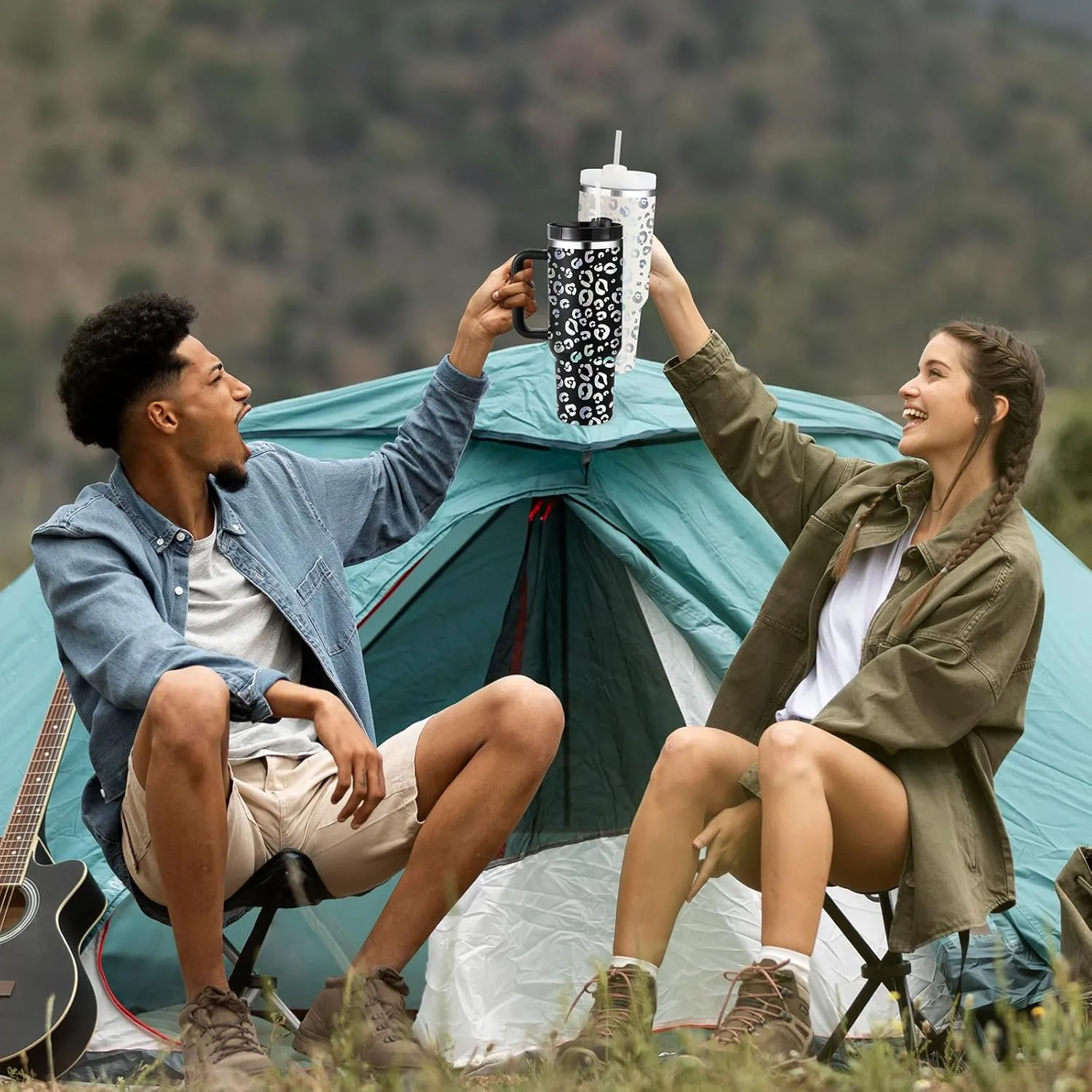 40oz Leopard Tumbler with Handle Straw Lid, Stainless Steel Vacuum Insulated Reusable Travel Mug Keep Drinks Cold Ice Gym Cup, Gifts for Women Lovers, Car Holder Friendly, Black