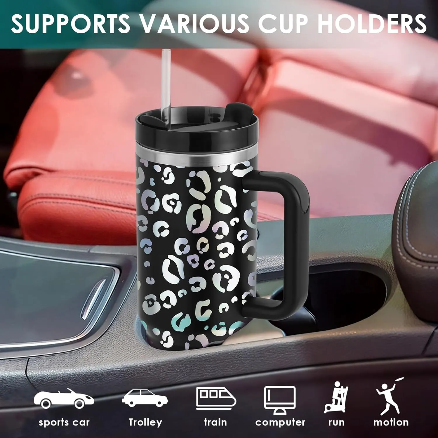 40oz Leopard Tumbler with Handle Straw Lid, Stainless Steel Vacuum Insulated Reusable Travel Mug Keep Drinks Cold Ice Gym Cup, Gifts for Women Lovers, Car Holder Friendly, Black