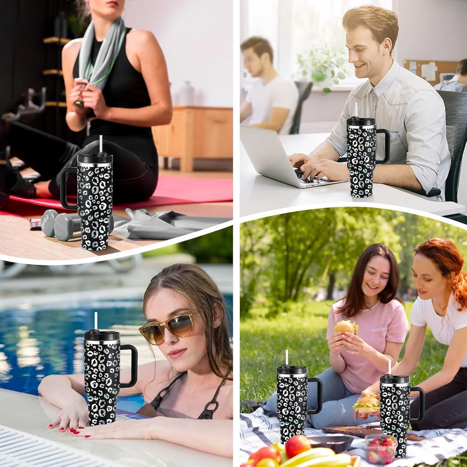 40oz Leopard Tumbler with Handle Straw Lid, Stainless Steel Vacuum Insulated Reusable Travel Mug Keep Drinks Cold Ice Gym Cup, Gifts for Women Lovers, Car Holder Friendly, Black