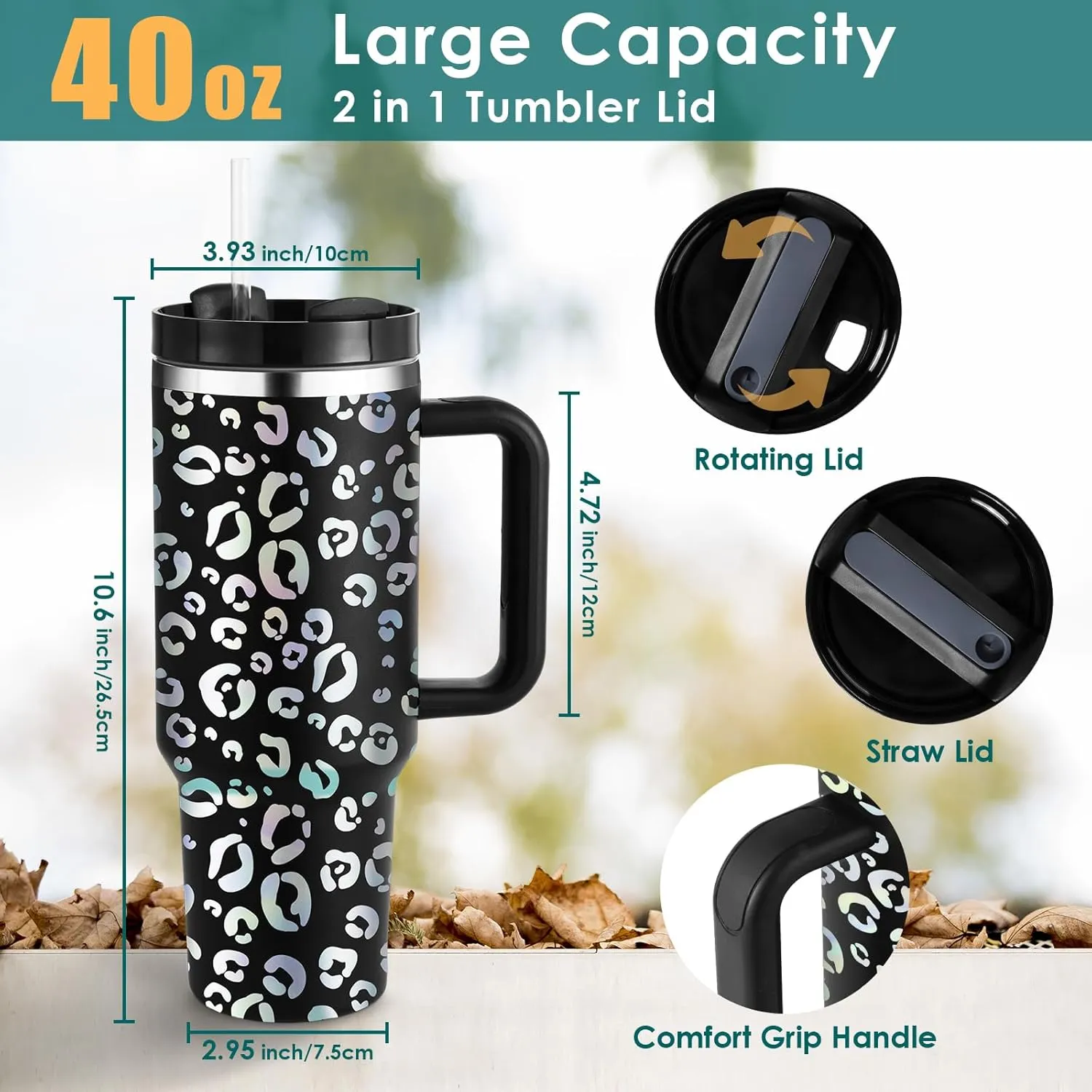 40oz Leopard Tumbler with Handle Straw Lid, Stainless Steel Vacuum Insulated Reusable Travel Mug Keep Drinks Cold Ice Gym Cup, Gifts for Women Lovers, Car Holder Friendly, Black
