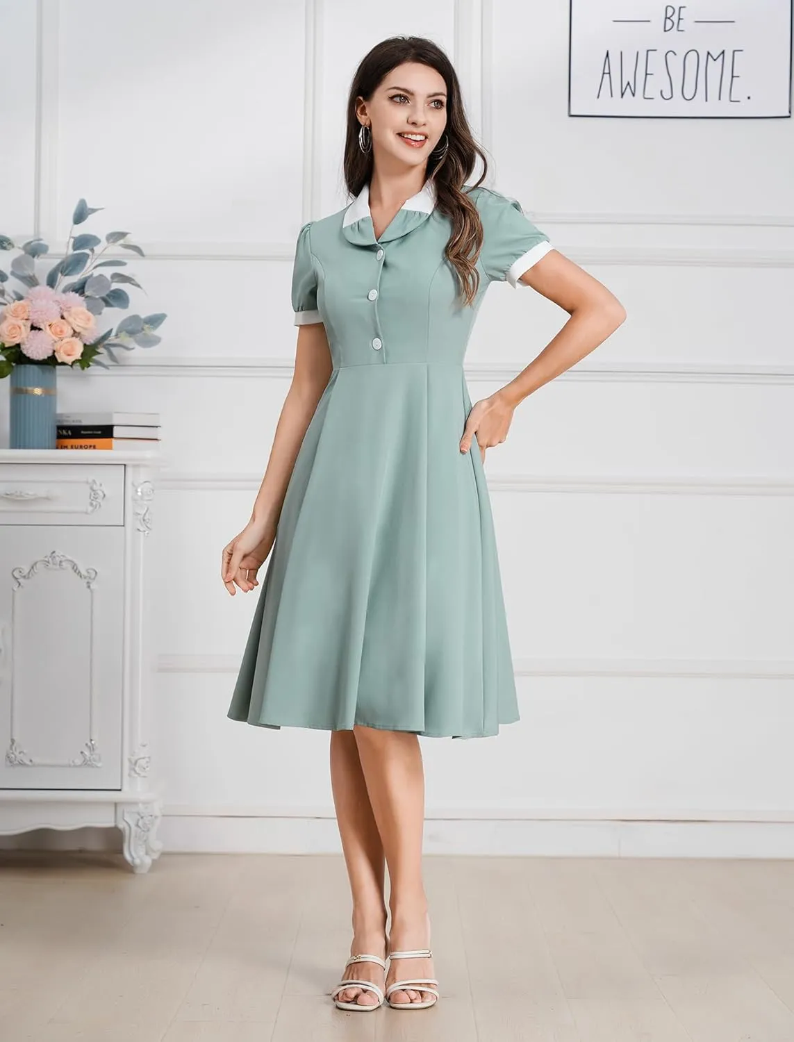 40s 50s Vintage Dress for Women 1950s Tea Party Dresses Short Sleeve Lapel Collar Retro Rockabilly Cocktail Party Swing Dress