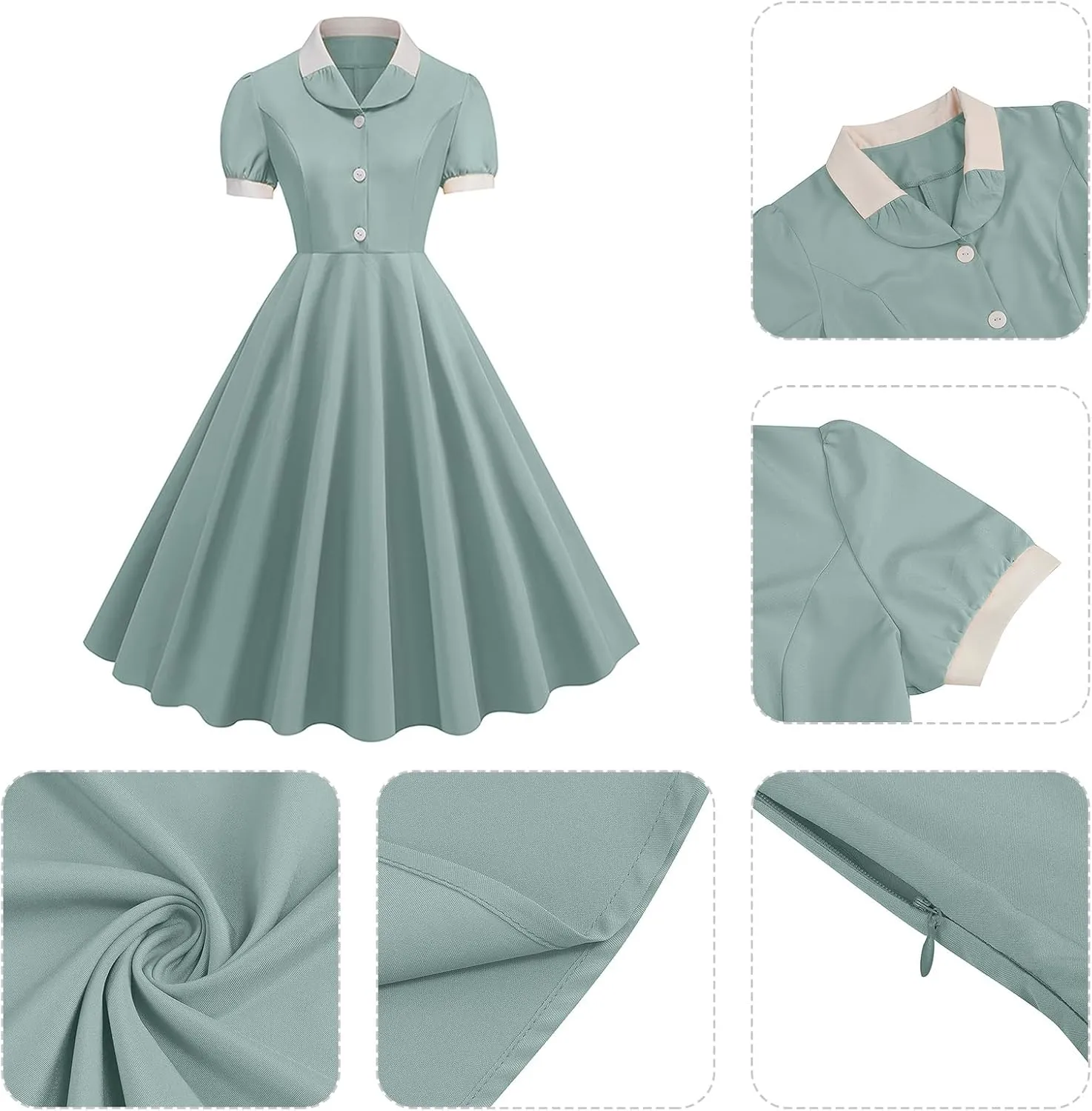 40s 50s Vintage Dress for Women 1950s Tea Party Dresses Short Sleeve Lapel Collar Retro Rockabilly Cocktail Party Swing Dress