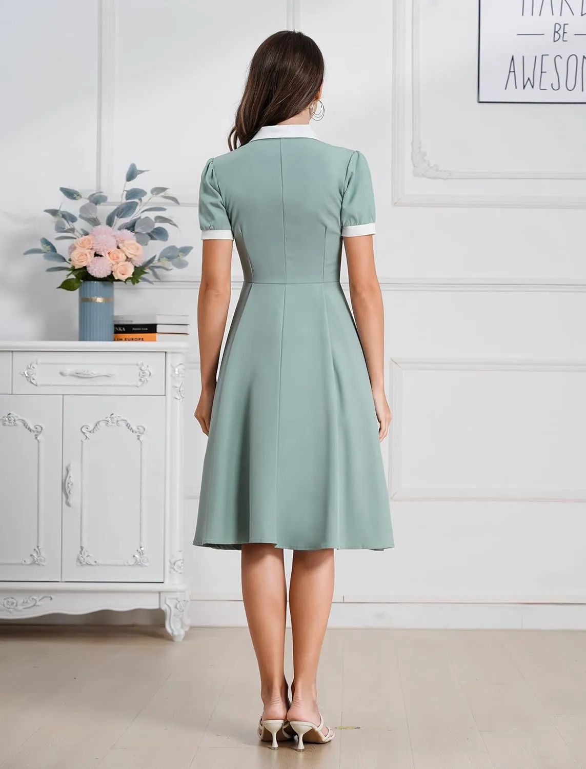 40s 50s Vintage Dress for Women 1950s Tea Party Dresses Short Sleeve Lapel Collar Retro Rockabilly Cocktail Party Swing Dress