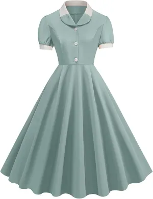 40s 50s Vintage Dress for Women 1950s Tea Party Dresses Short Sleeve Lapel Collar Retro Rockabilly Cocktail Party Swing Dress