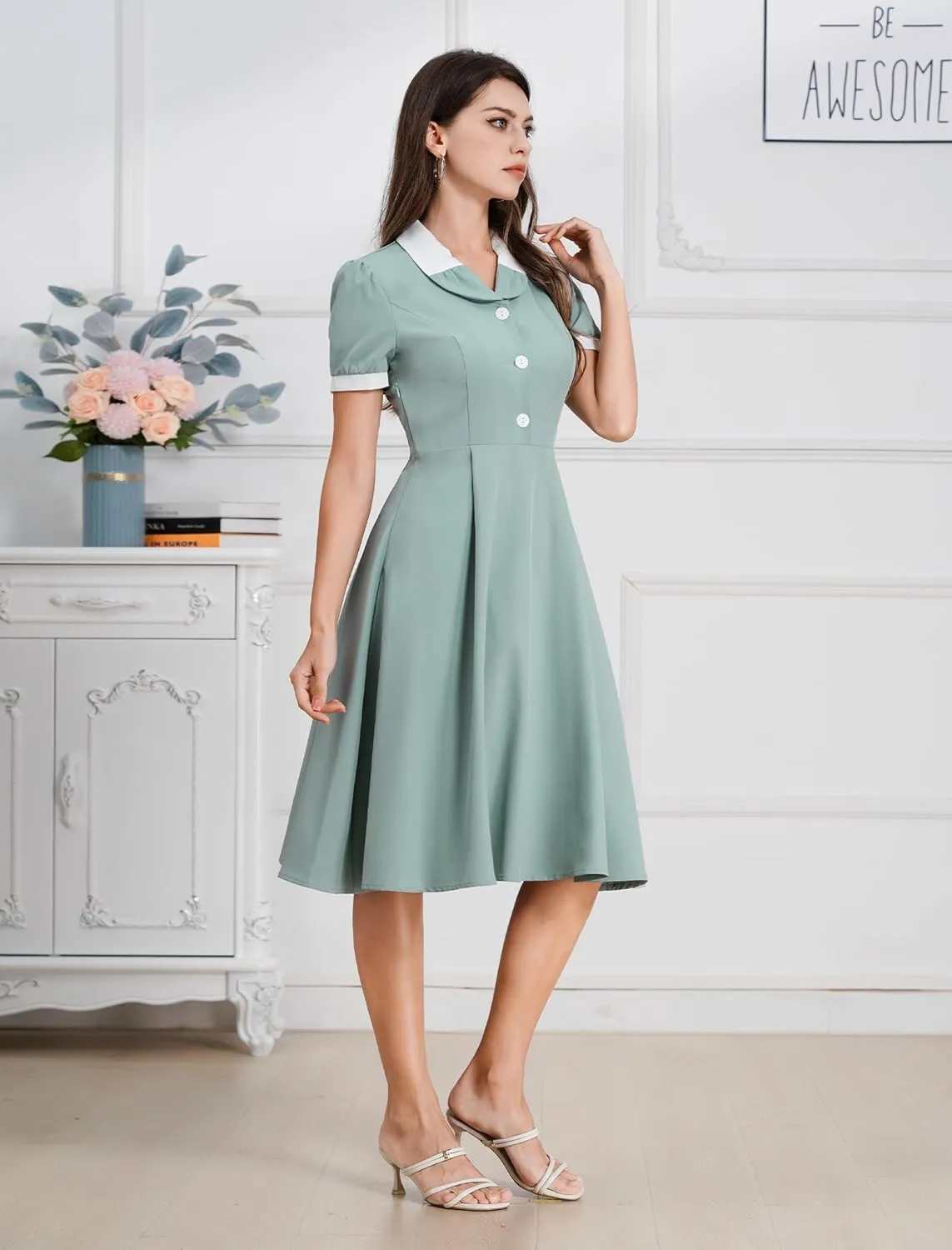 40s 50s Vintage Dress for Women 1950s Tea Party Dresses Short Sleeve Lapel Collar Retro Rockabilly Cocktail Party Swing Dress