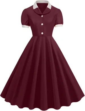 40s 50s Vintage Dress for Women 1950s Tea Party Dresses Short Sleeve Lapel Collar Retro Rockabilly Cocktail Party Swing Dress