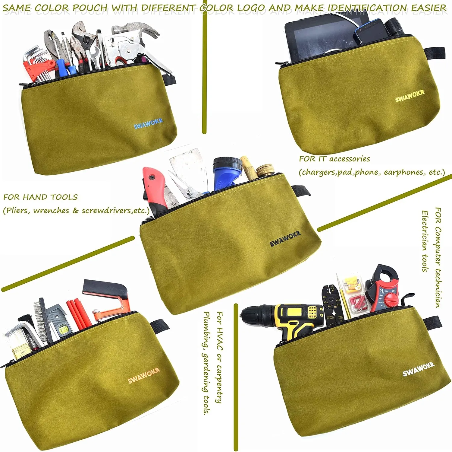 5 Pack 20 oz Canvas Tool Zipper Bags - Heavy Duty Utility Tool Pouch - Water Resistant Multi-Purpose Organizer Tote Bags 12.75 X 8 X 2.25 inch Spacious Storage Pouches with Dependable YKK Zippers