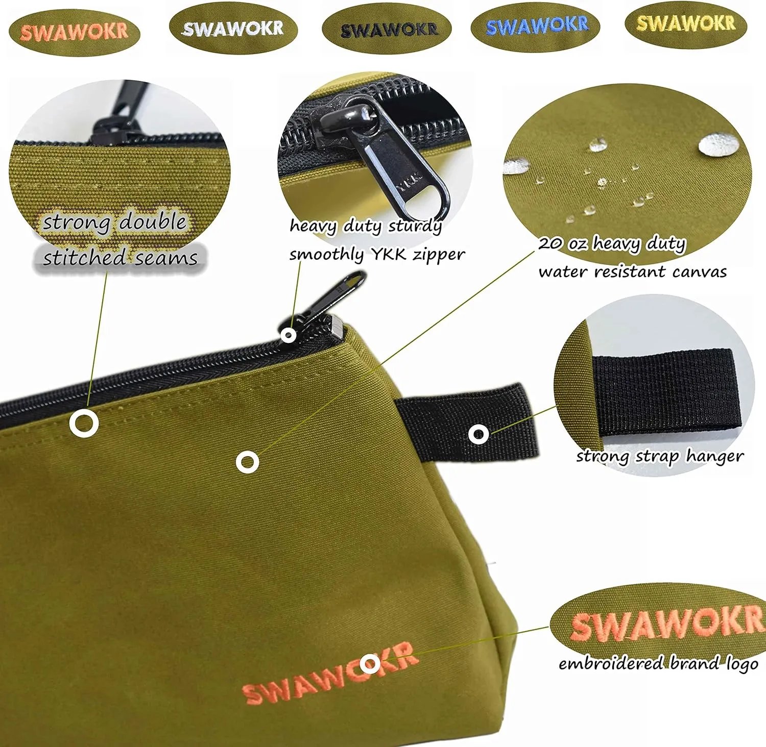 5 Pack 20 oz Canvas Tool Zipper Bags - Heavy Duty Utility Tool Pouch - Water Resistant Multi-Purpose Organizer Tote Bags 12.75 X 8 X 2.25 inch Spacious Storage Pouches with Dependable YKK Zippers