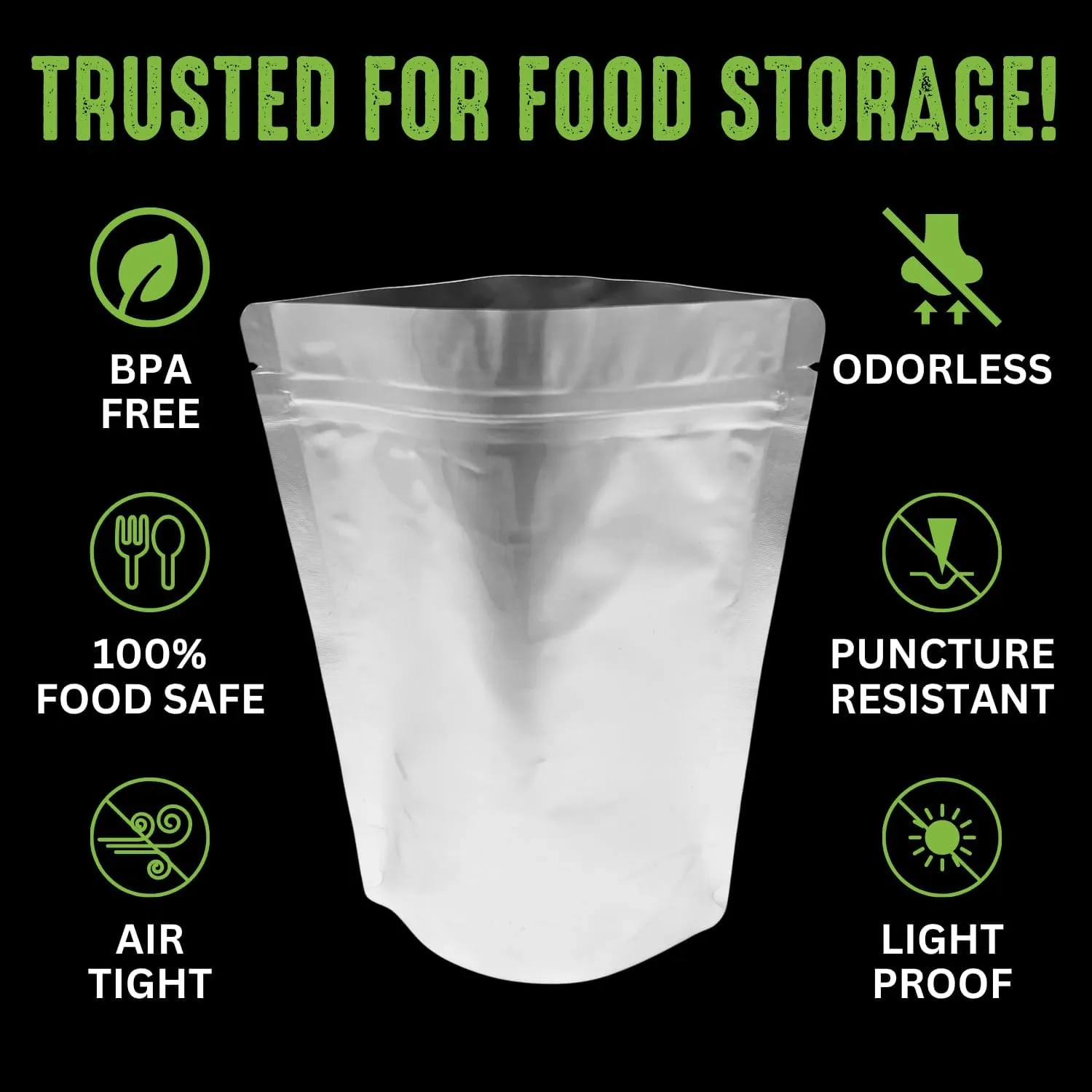 50 Mylar Bags for Food Storage, Airtight 7-Mil Thick Gusseted Zip Lock, Long Term, Reusable, Emergency Food Supply & Freeze Dryer Bags - 2 Quart 10.5x9.5 Inch